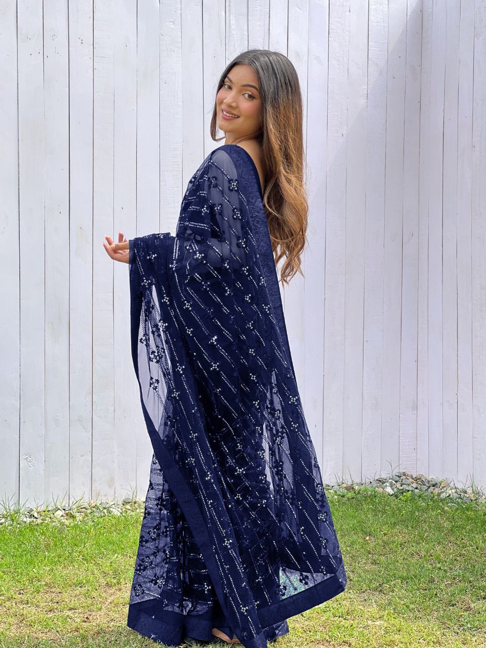 Teeya Creation Blue Color Butterfly Net Embroidery Work Saree - Distacart