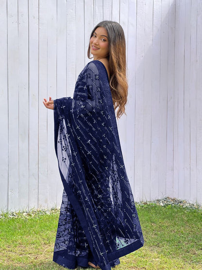 Teeya Creation Blue Color Butterfly Net Embroidery Work Saree - Distacart