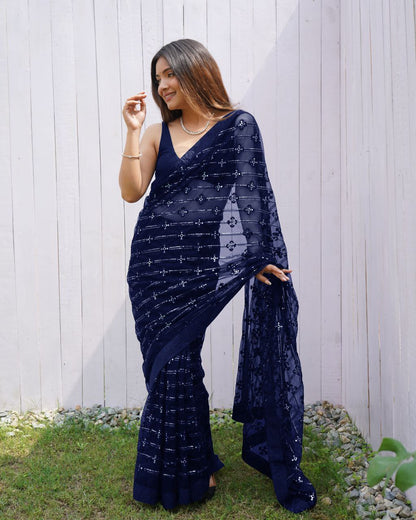 Teeya Creation Blue Color Butterfly Net Embroidery Work Saree - Distacart