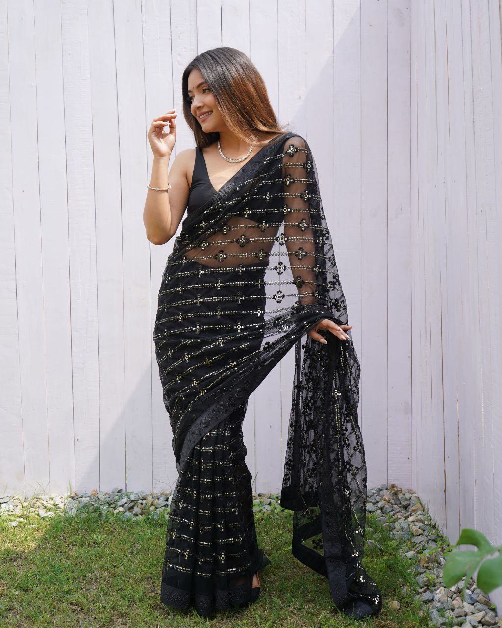 Teeya Creation Black Color Butterfly Net Embroidery Work Saree - Distacart