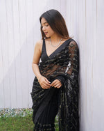 Thumbnail for Teeya Creation Black Color Butterfly Net Embroidery Work Saree - Distacart