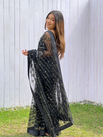 Teeya Creation Black Color Butterfly Net Embroidery Work Saree - Distacart