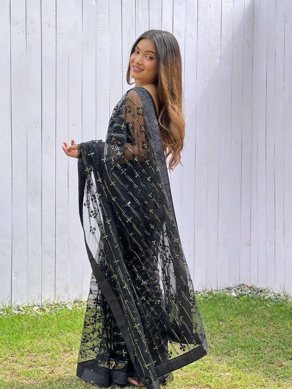 Teeya Creation Black Color Butterfly Net Embroidery Work Saree - Distacart