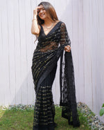 Thumbnail for Teeya Creation Black Color Butterfly Net Embroidery Work Saree - Distacart