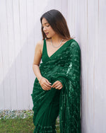 Thumbnail for Teeya Creation Green Color Butterfly Net Embroidery Work Saree - Distacart