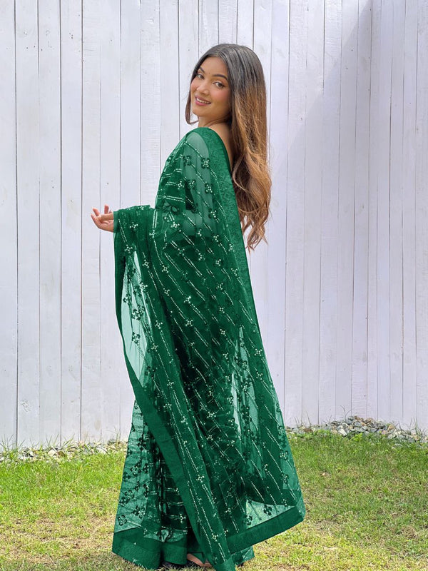 Teeya Creation Green Color Butterfly Net Embroidery Work Saree - Distacart