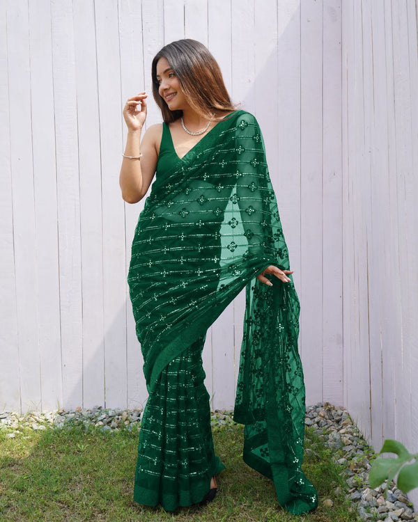 Teeya Creation Green Color Butterfly Net Embroidery Work Saree - Distacart