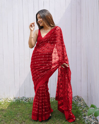 Teeya Creation Red Color Butterfly Net Embroidery Work Saree - Distacart