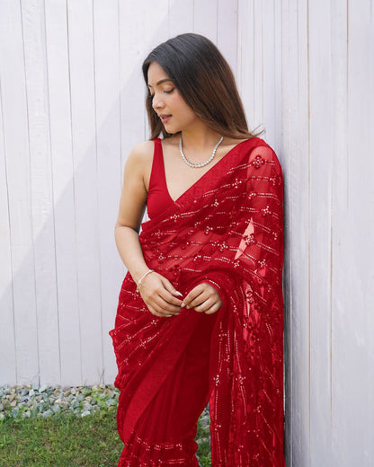 Teeya Creation Red Color Butterfly Net Embroidery Work Saree - Distacart