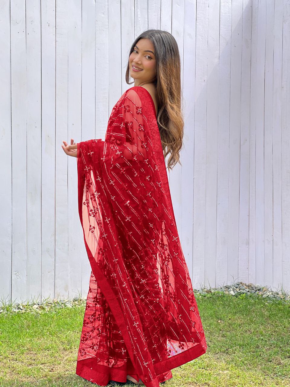 Teeya Creation Red Color Butterfly Net Embroidery Work Saree - Distacart