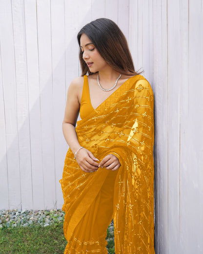 Teeya Creation Yellow Color Butterfly Net Embroidery Work Saree - Distacart