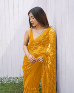 Thumbnail for Teeya Creation Yellow Color Butterfly Net Embroidery Work Saree - Distacart