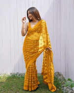 Thumbnail for Teeya Creation Yellow Color Butterfly Net Embroidery Work Saree - Distacart