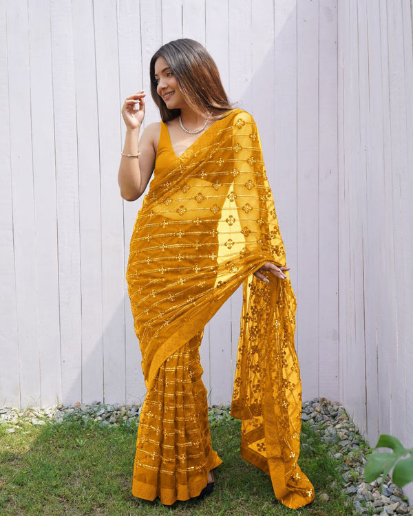 Teeya Creation Yellow Color Butterfly Net Embroidery Work Saree - Distacart