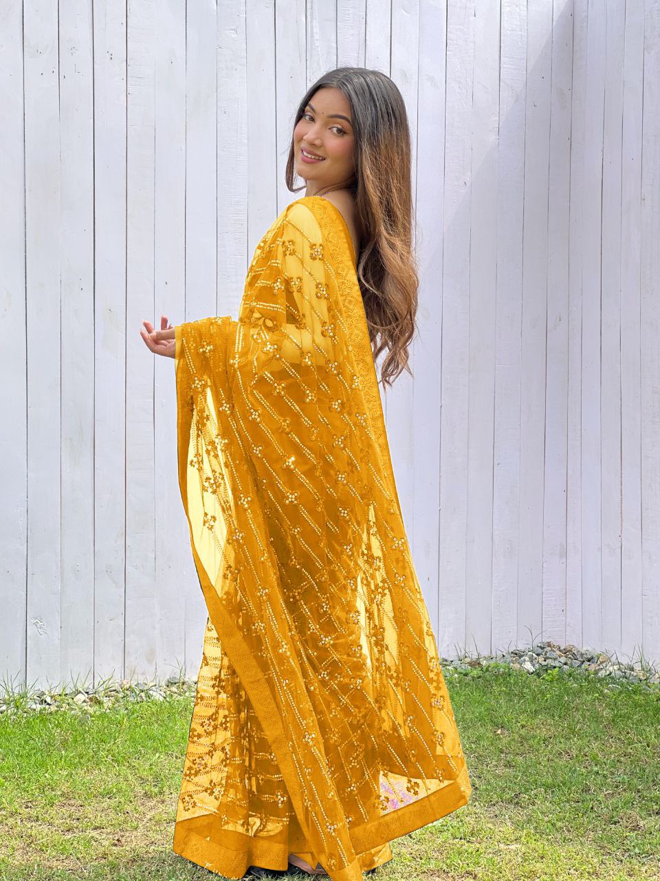 Teeya Creation Yellow Color Butterfly Net Embroidery Work Saree - Distacart