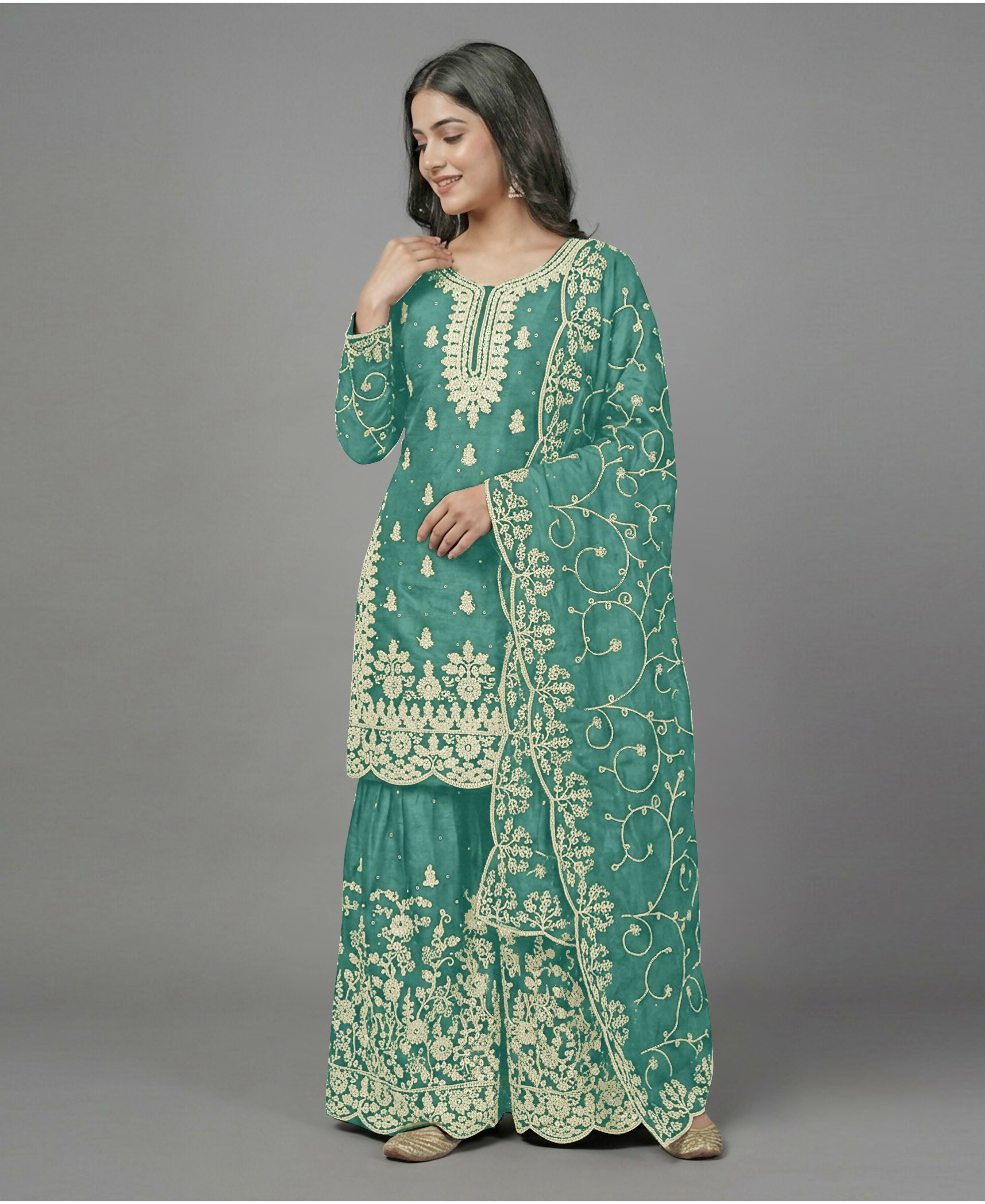 Teeya Creation Womens New Trendy Pure Gmy Silk With Heavy Embroidery Sequence Work Light-Green Kurta Set - Dista