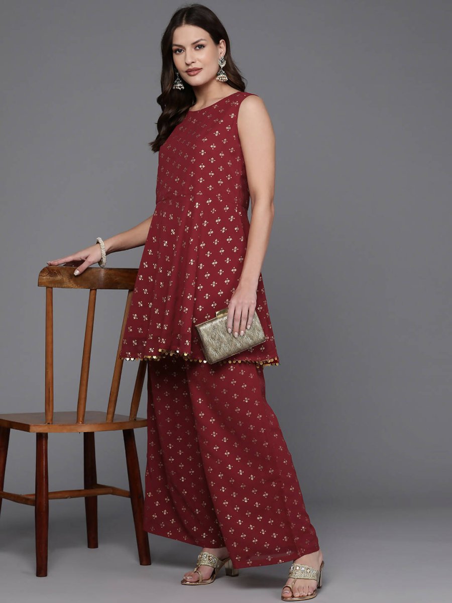 Ahalyaa Women Printed Tunic with Palazzos - Maroon Color - Distacart