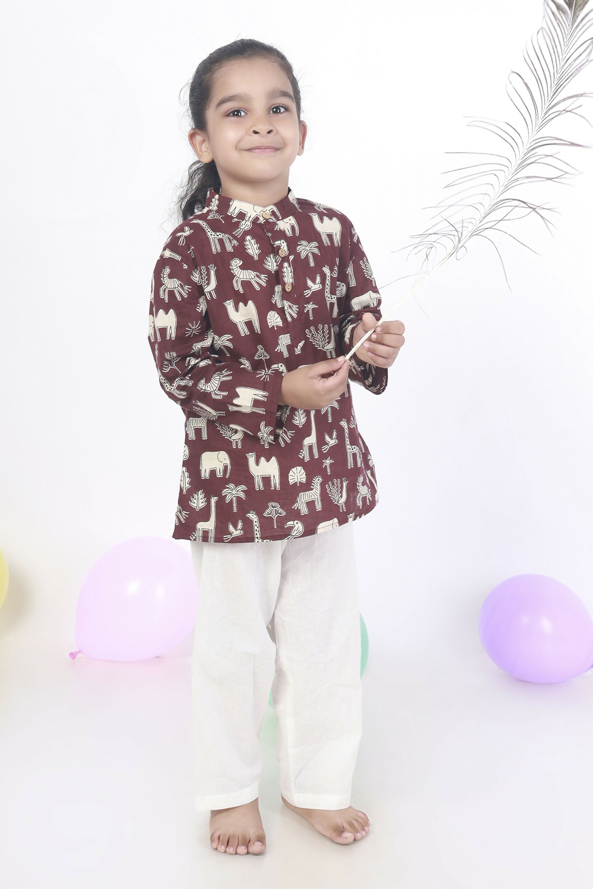 Breathables Kids Cotton Night Suit – Wine Animal Print Kurta & Pyjama Co-Ord Set For Boys & Girls - Dista