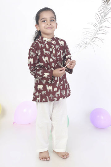 Breathables Kids Cotton Night Suit – Wine Animal Print Kurta & Pyjama Co-Ord Set For Boys & Girls - Dista