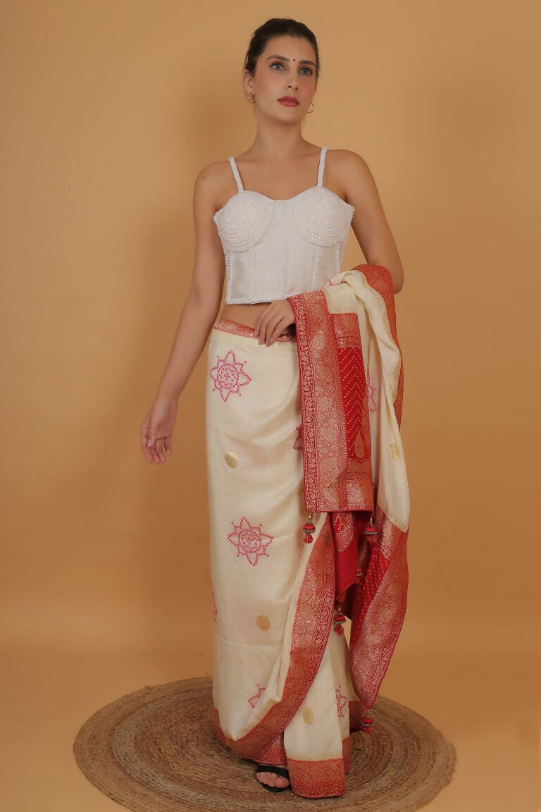 Joban Fashion Silk Pearl And Beads Hand Embroidery Padded Blouse - Pearl White