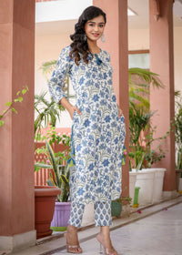 Thumbnail for Kaajh Women's White Blue Floral Print Kurta Pant Set - Distacart