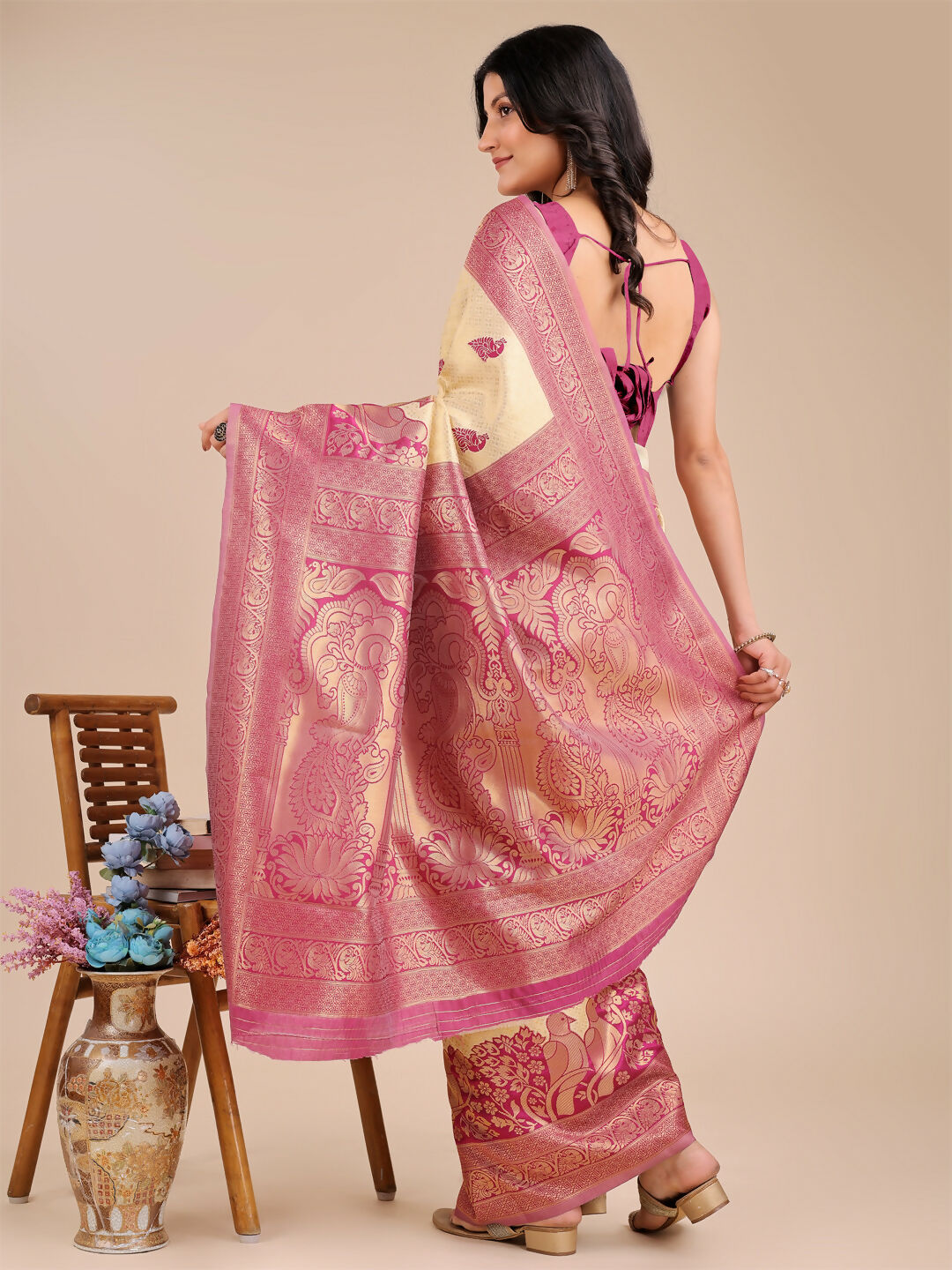 Astita Banarasi Silk Cream & Magenta Saree