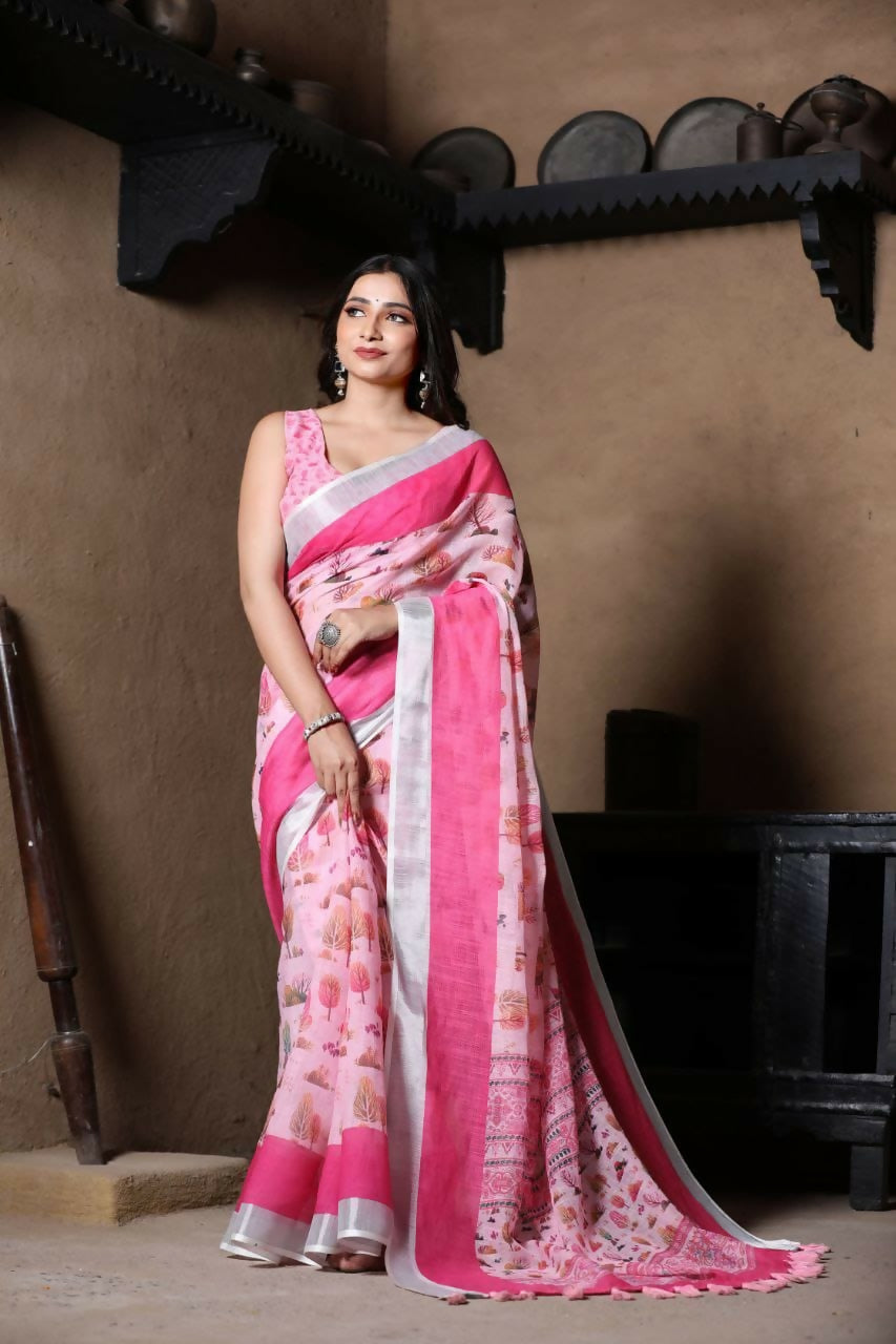 Prime Volt Linen Cotton Pink Printed Saree with Contrast Zari Border and Designer Blouse - Distacart