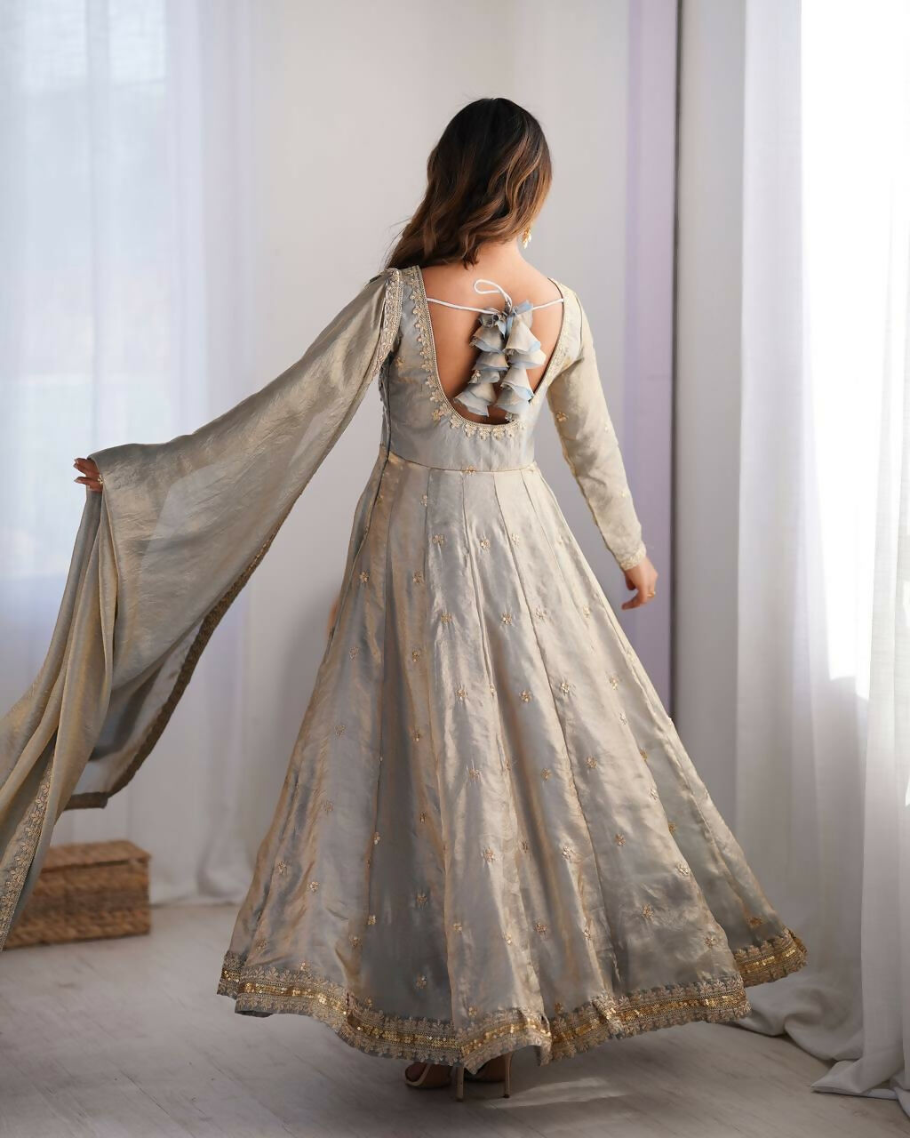 The52 Women's Beautiful Fandy Silk Fabric Embroidery Work Flared Anarkali Pant and Dupatta Set - Distacart