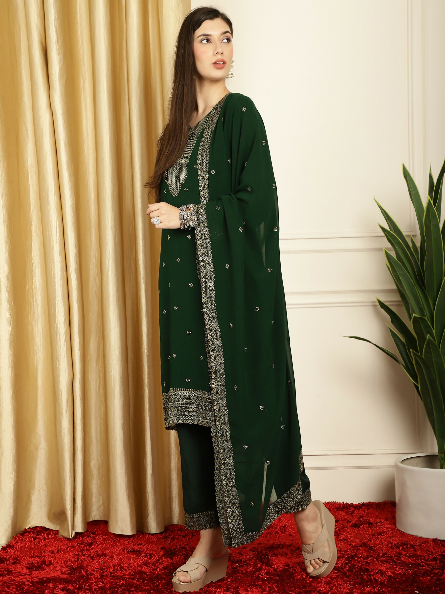 Jyoti Fashion Women's Green Georgette Resham Thread & Sequin Kurta with Trouser & Dupatta - Distacart