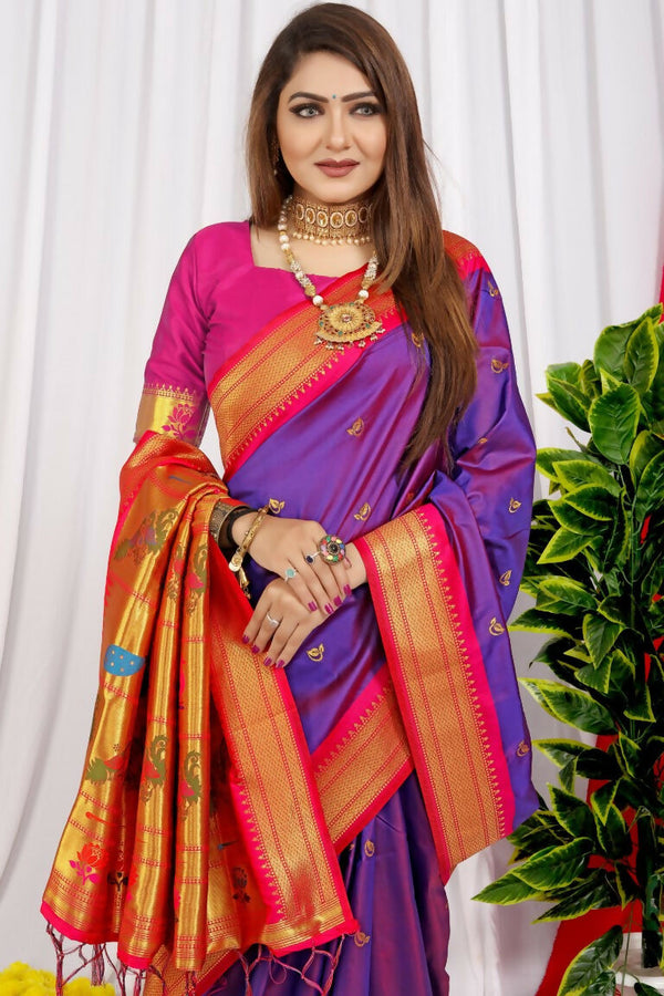 Jyoti Fashion Women's Purple Paithani Silk Zari Woven Saree with Blouse - Distacart