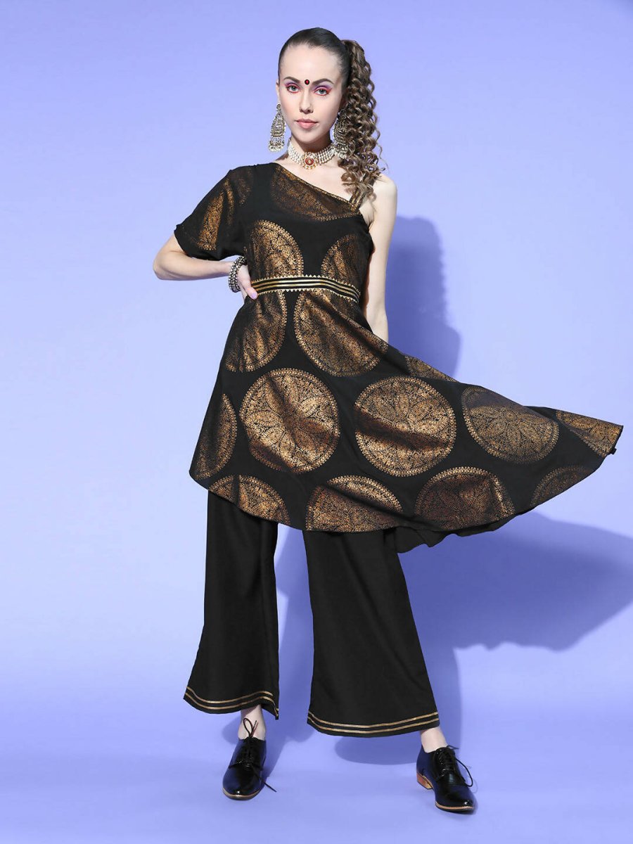 Ahalyaa Women Black Colour Crepe Printed Top Palazzo Set - Distacart