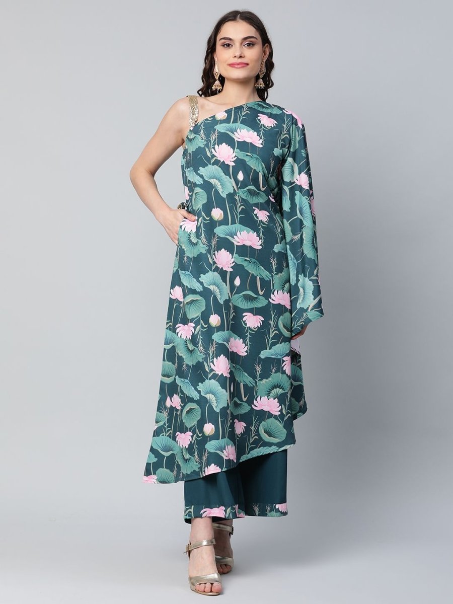 Ahalyaa Women Green Crepe Floral Printed Kurta with Palazzo Set - Distacart