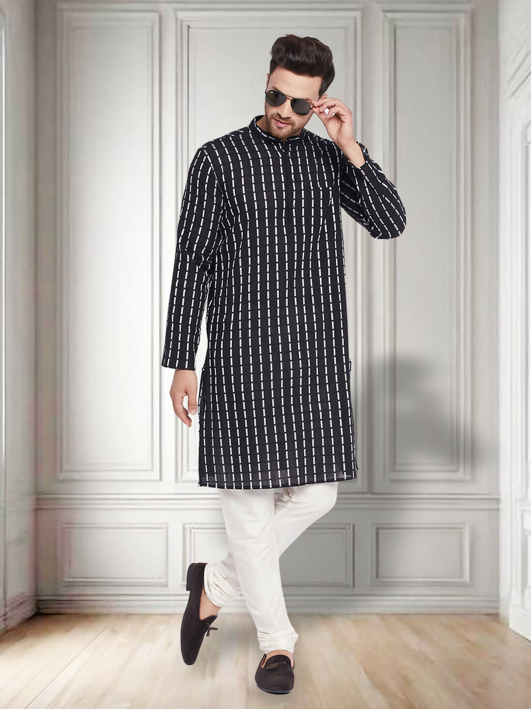 Even Apparels Men's Pure Cotton Black Check Kurta - Distacart