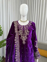 Thumbnail for Vastranavya Purple Viscose Velvet Cording Sequence With Moti Work Top-Bottom With Dupatta