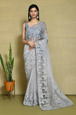 Thumbnail for Grey Organza Satin Silk Floral Embroidered Festive Saree - Nimaya Denzy - Distacart