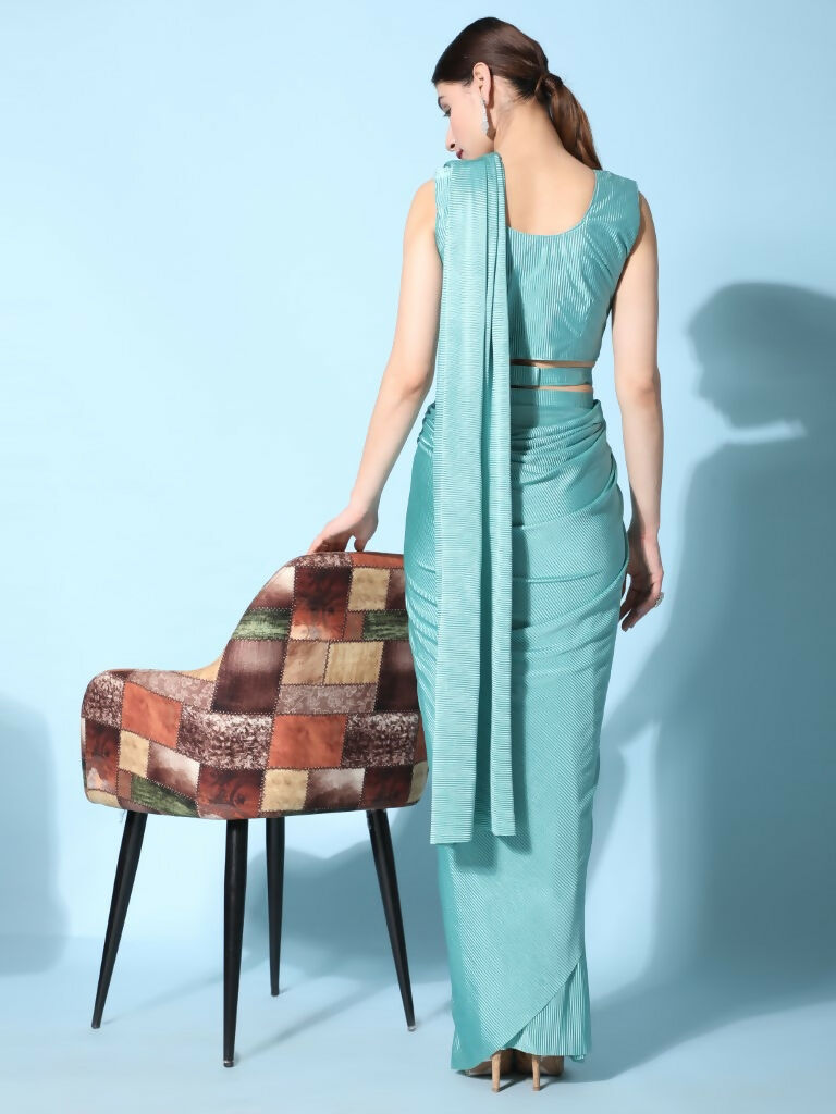 Sea Green Imported Crush Lycra Texture Pattern Ready to Wear Saree with stitched Blouse - Nirvana - Distacart