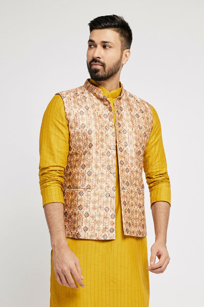 Ethnic India Cream Bundi Men's Jacket Abstract Polyester - Distacart