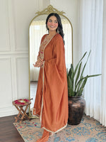 Thumbnail for The52 Rust Women's Gorgeous Embroidered Vichitra Silk Fabric Flared Kurta, Pant and Dupatta Set - Distacart