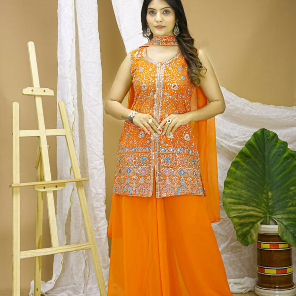 Joban Fashion Orange Georgette Embroidered Sharara Set - Distacart
