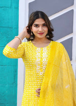 Thumbnail for Alvano Printed Beautiful Straight Kurti with Pant and Dupatta set for Women and Girls (Yellow) - Distacart