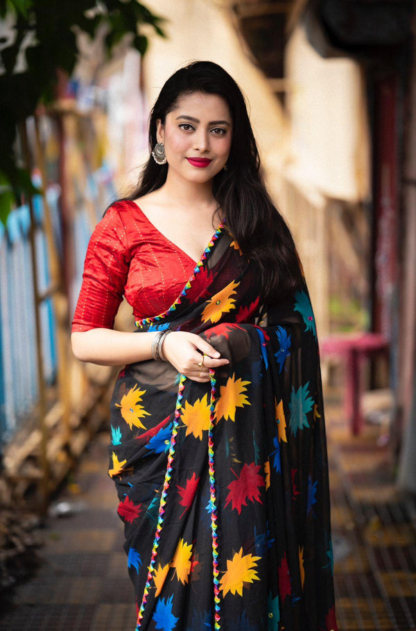 Black Poly Georgette Ethnic Motifs Saree with Unstitched Blouse - Hiral Fashion - Distacart