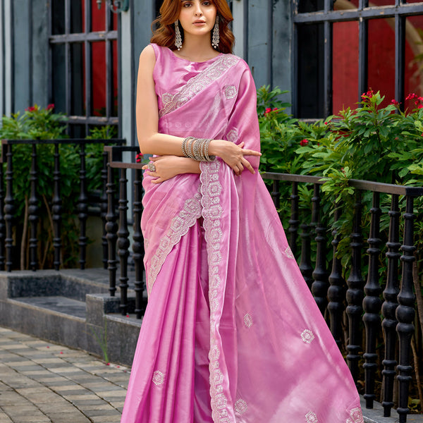 Vastranavya Baby Pink Embroidery Work Shimmer Chiffon Saree with Unstitched Blouse
