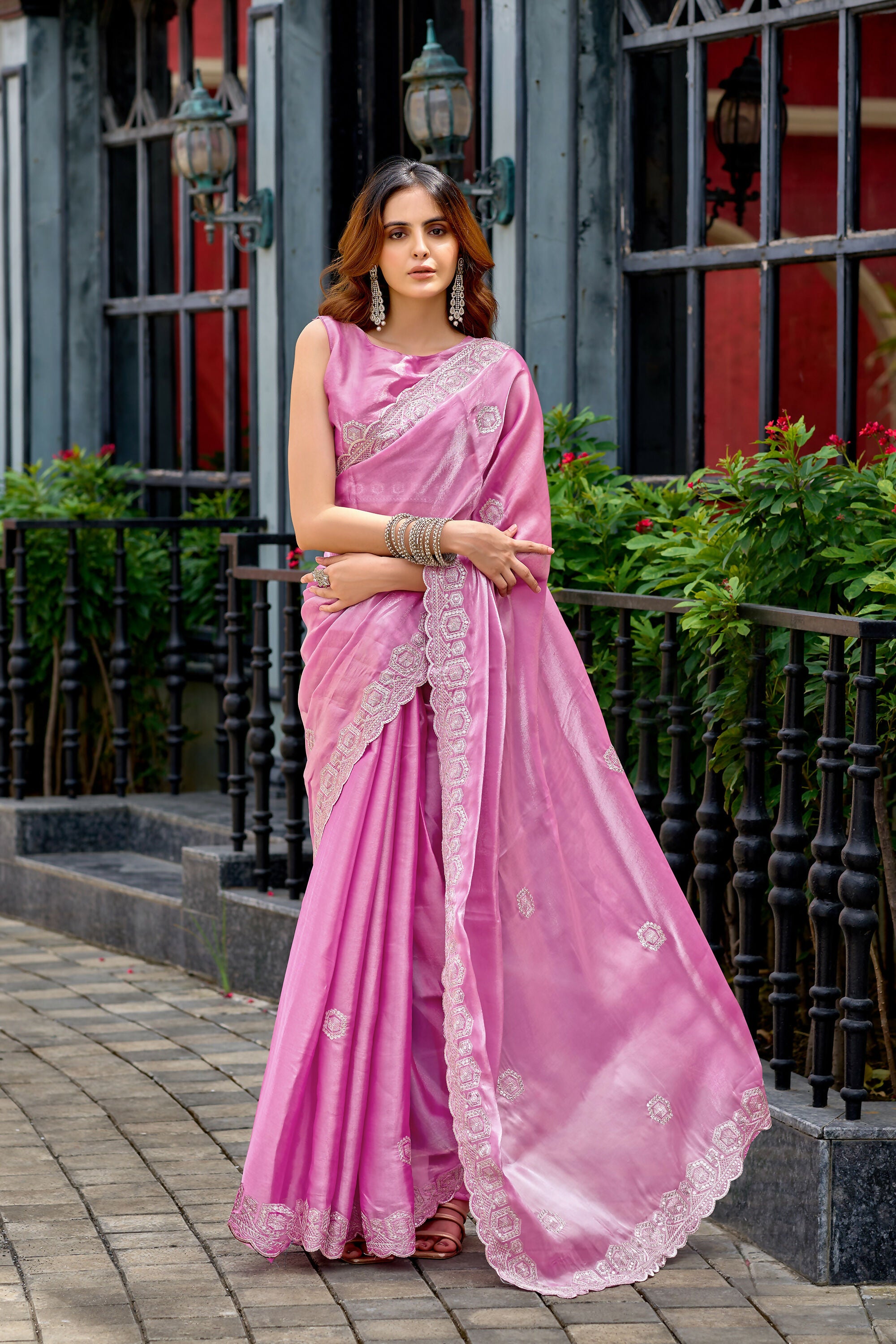 Vastranavya Baby Pink Embroidery Work Shimmer Chiffon Saree with Unstitched Blouse - Distacart