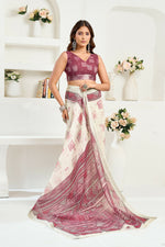 Thumbnail for Vastranavya White Maroon Digital Printed Linen Ready To Wear Designer Saree with Unstitched Blouse - Distacart