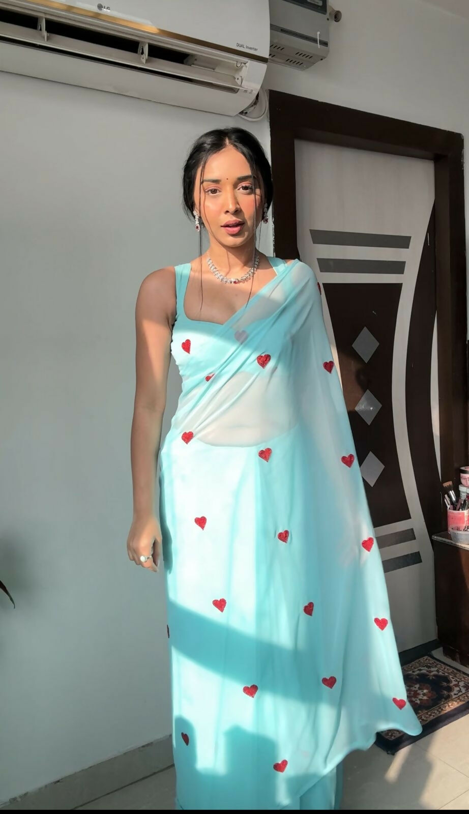 Malishka Georgette Embroidery Ready To Wear Saree With Blouse Piece - Sky Blue - Distacart