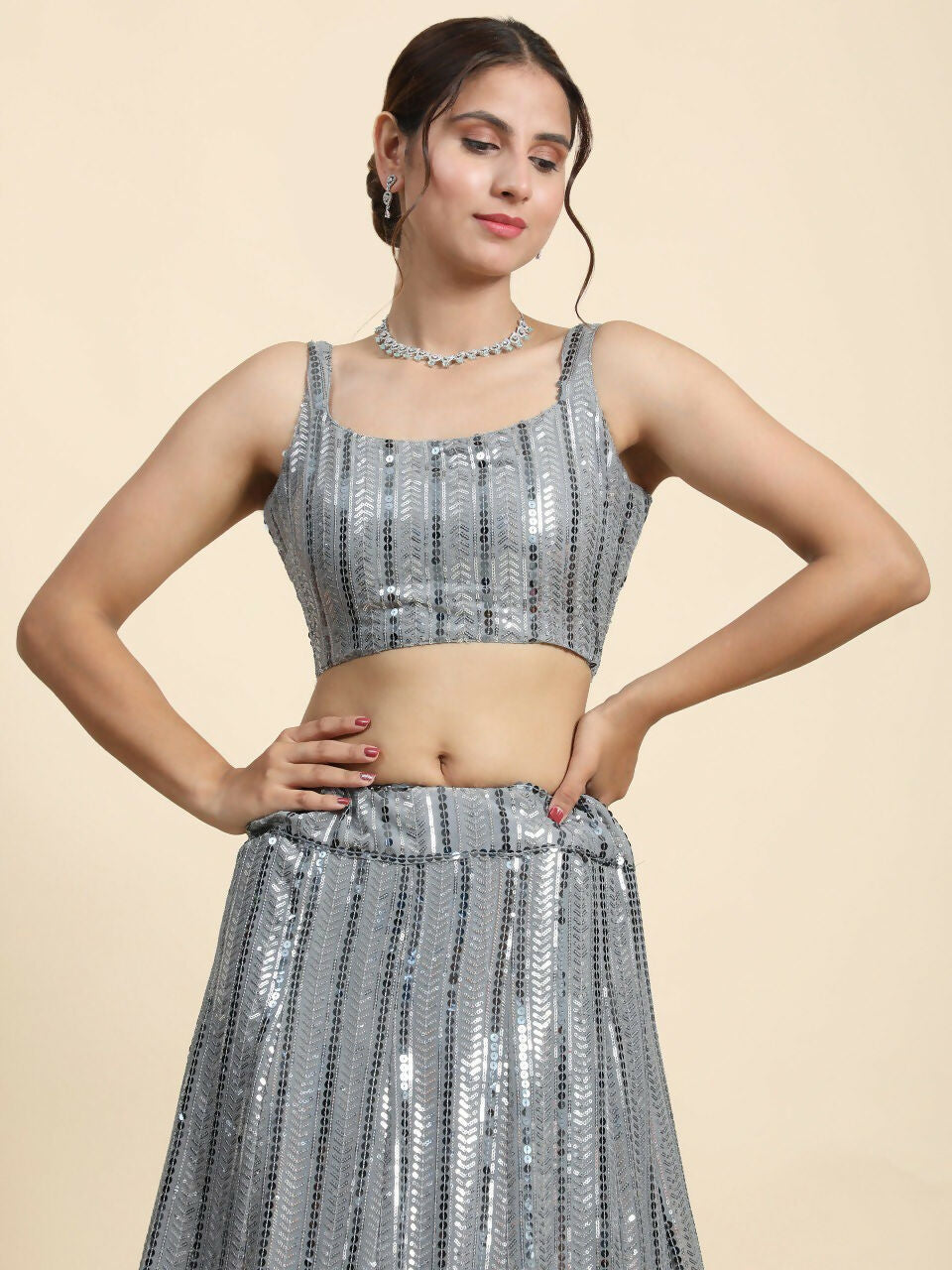 Jyoti Fashion Classy Grey Faux Georgette 3MM & 7MM Sequins Embroidery Lehenga Choli with Dupatta - Distacart