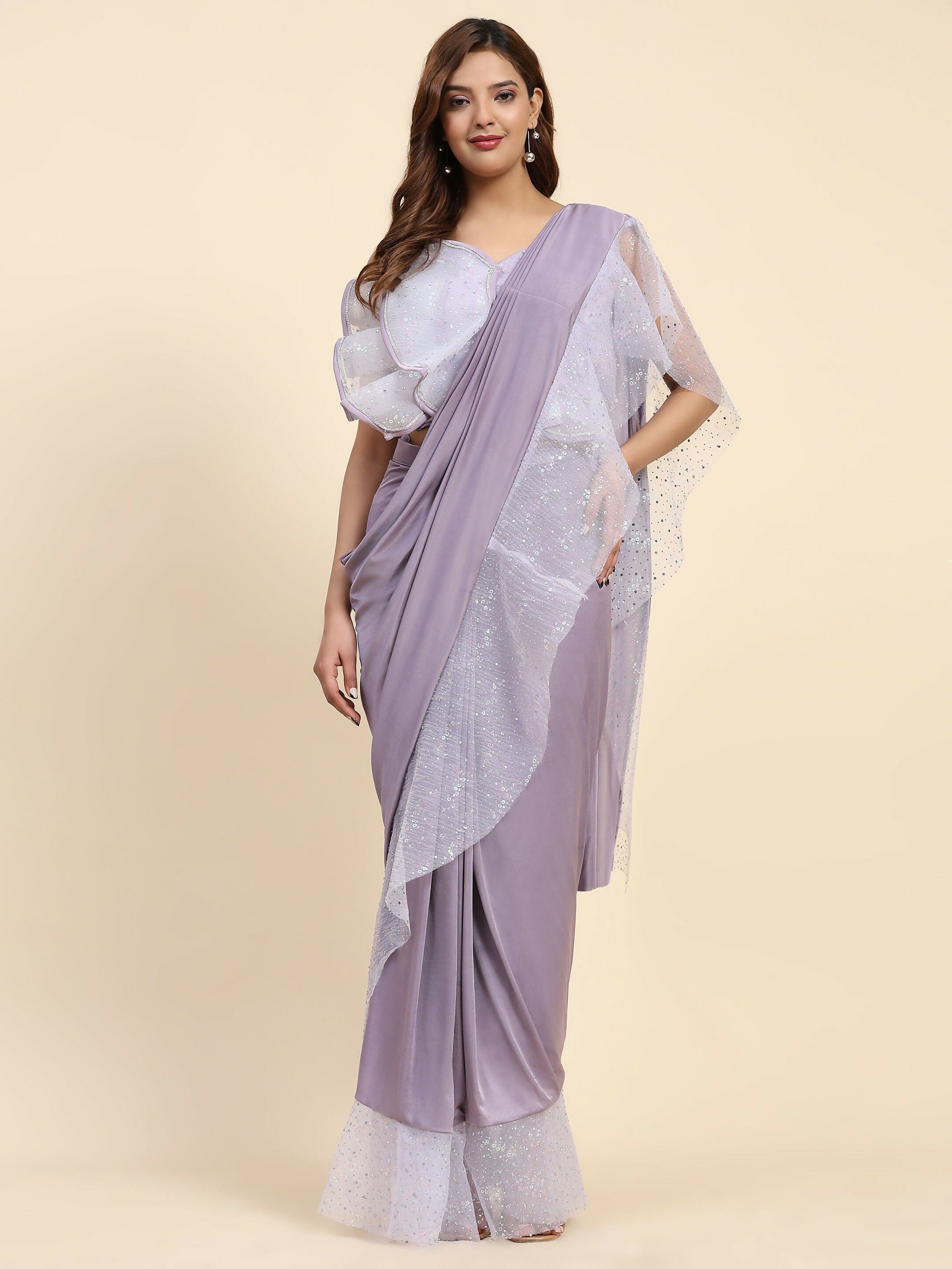 Light Purple Lycra Solid Ready to Wear Saree with stitched Blouse - Nita - Distacart