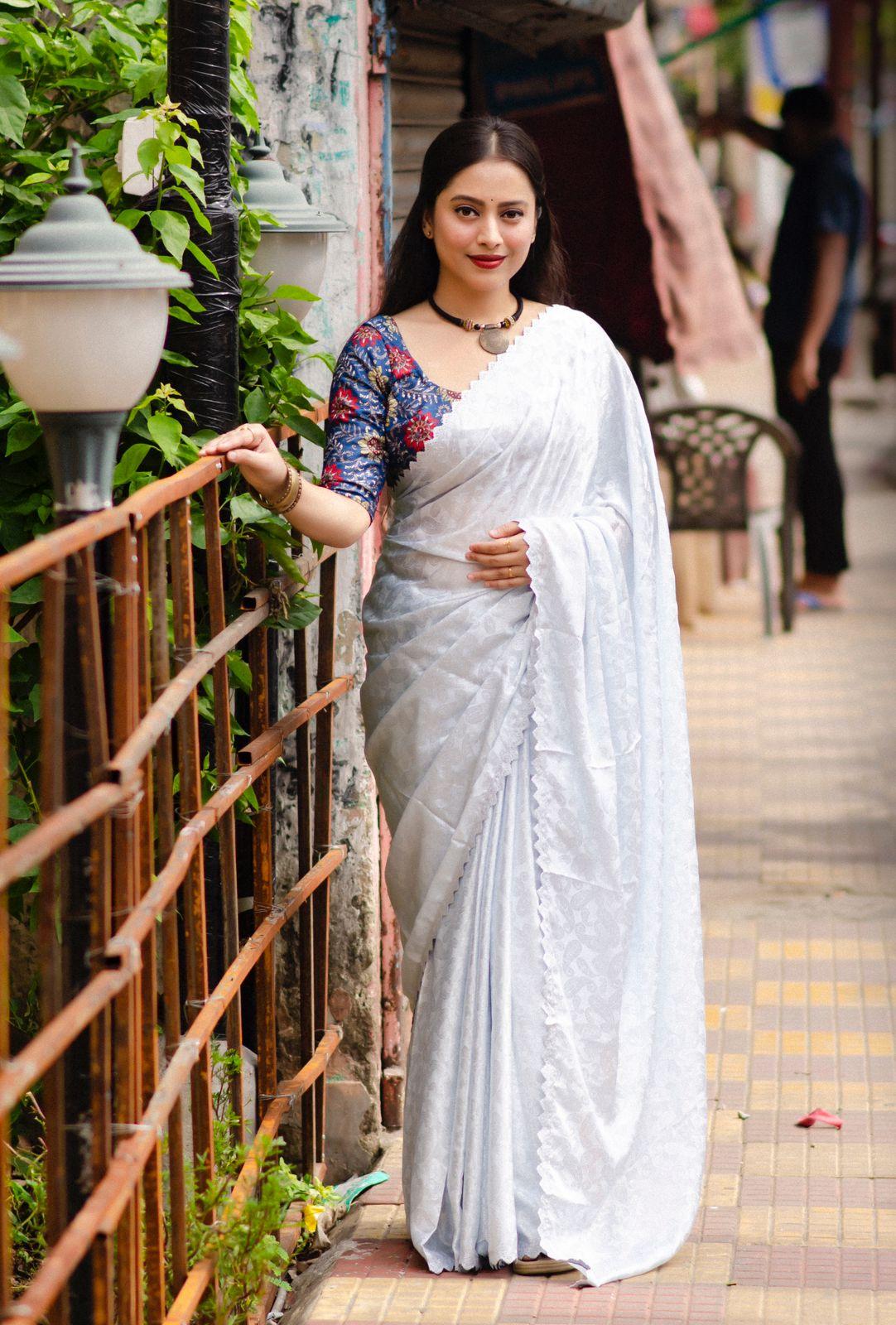 White Poly Silk Ethnic Motifs Saree with Unstitched Blouse - A2M - Distacart