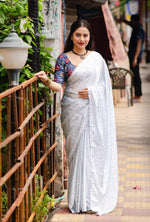 Thumbnail for White Poly Silk Ethnic Motifs Saree with Unstitched Blouse - A2M