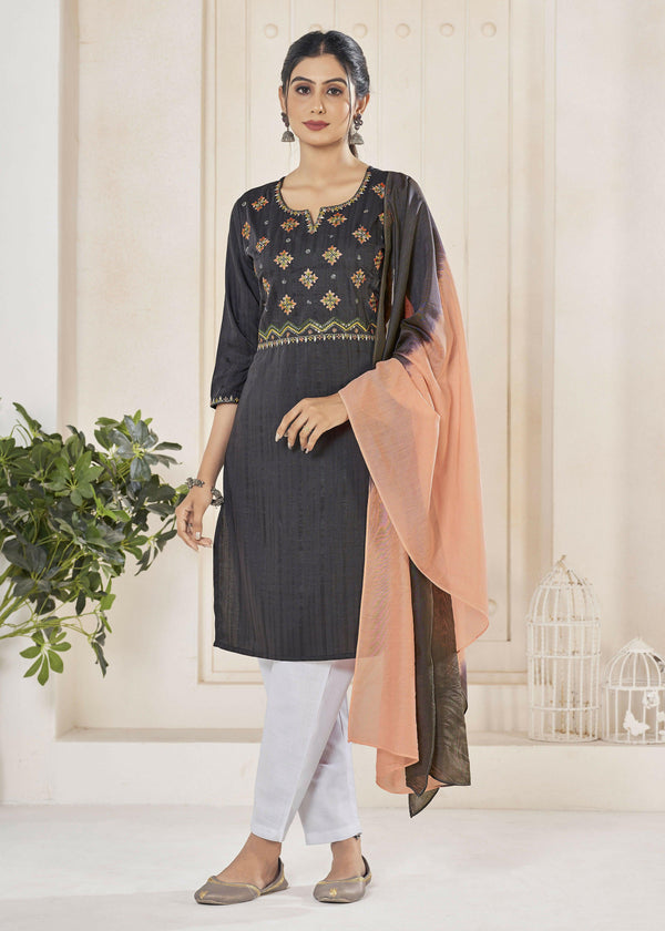 Jyoti Fashion Women's Black Pure Viscose Weaving Stripe with Embroidery Kurta Set - Distacart